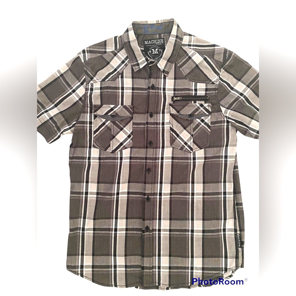Machine Plaid Short-Sleeve Shirt Men’s Gray button down Size Medium